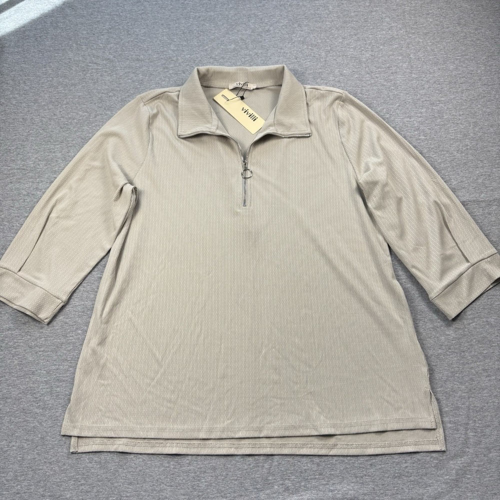 Vivilli Women's XL Cream Tan Short Sleeve Top Blouse Shirt Polyester Spandex NWT